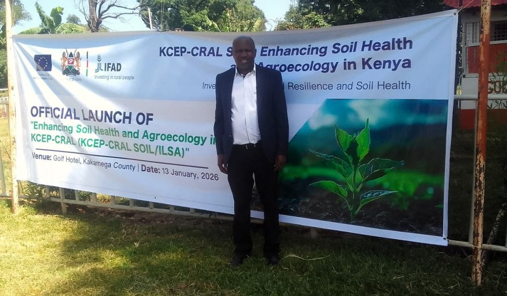 Mr. Allan Mukisira, AGMARK CEO, at Kakamega Golf Hotel in Kakamega County during the official Launch of KCEP CRAL SOIL/ ISLA Project Kenya on Enhancing soil health and Agroecology in Kenya